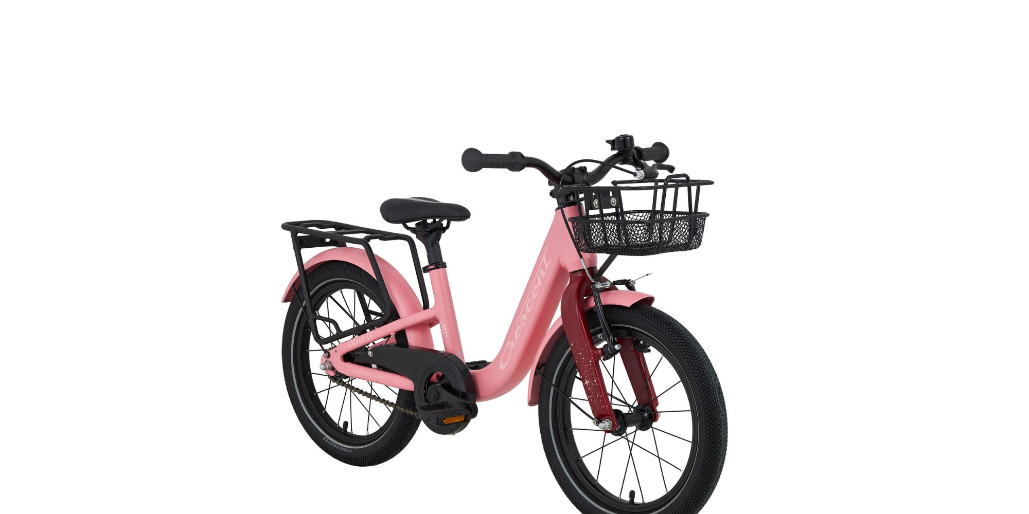 Vaaleanpunainen lasten 16" polkupyörä, jossa on matala jalannostokorkeus, etukori, takateline, seisontatuki, lokasuoja ja ketjusuoja. Viistokuva.