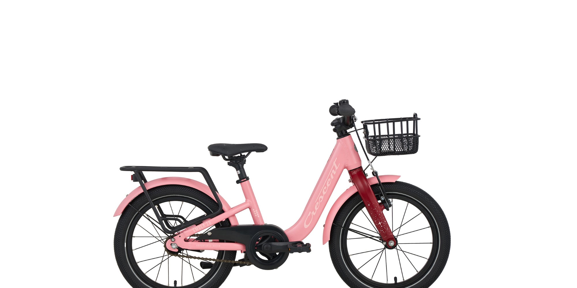 Vaaleanpunainen lasten 16" polkupyörä, jossa on matala jalannostokorkeus, etukori, takateline, seisontatuki, lokasuoja ja ketjusuoja. Kuva sivusta.