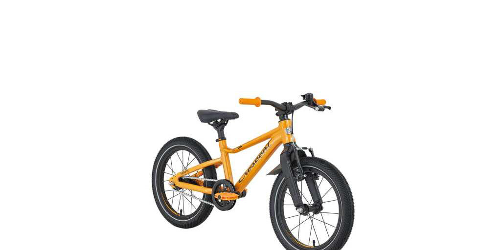 Oranssi lasten 16" jalkajarrullinen polkupyörä. Pyörässä on vakiovarusteina seisontatuki ja lokasuoja edessä. Kuvattu etuviiistosta.