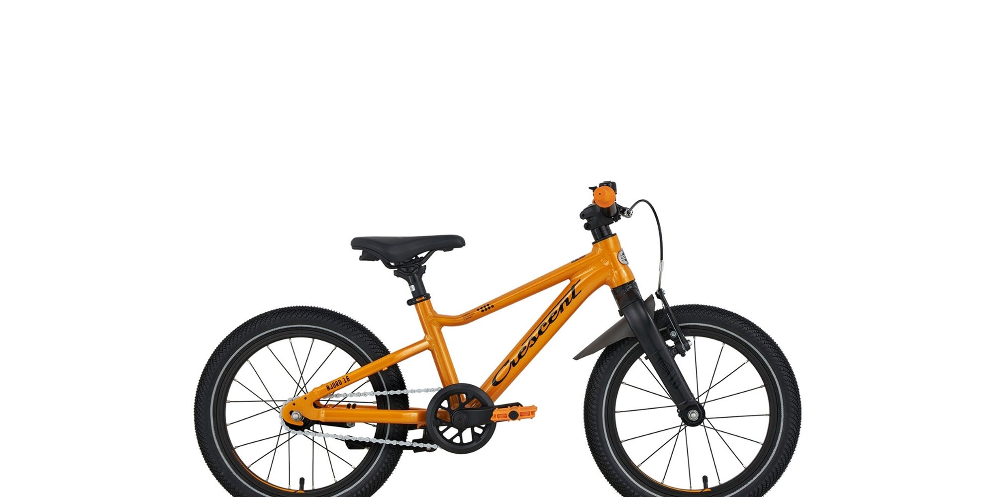 Oranssi lasten 16" jalkajarrullinen polkupyörä. Pyörässä on vakiovarusteina seisontatuki ja lokasuoja edessä. Kuvattu sivulta.